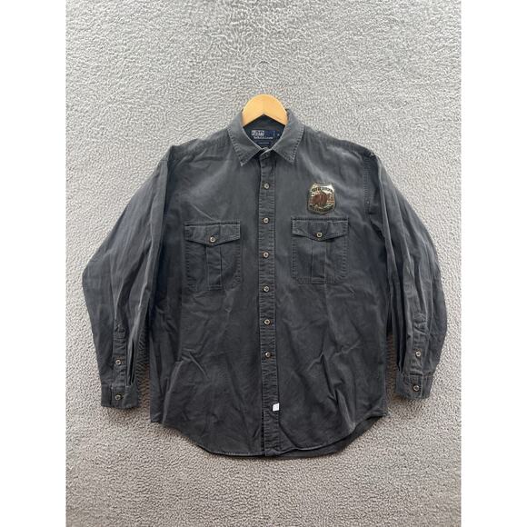 Polo Outdoorsman Bear Patch Gray Button Up Shirt Men’s Size Medium 100% Cotton